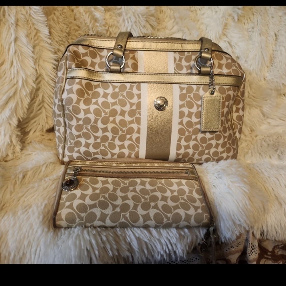 Coach Tan and Gold Signature Shoulder Bag Set
